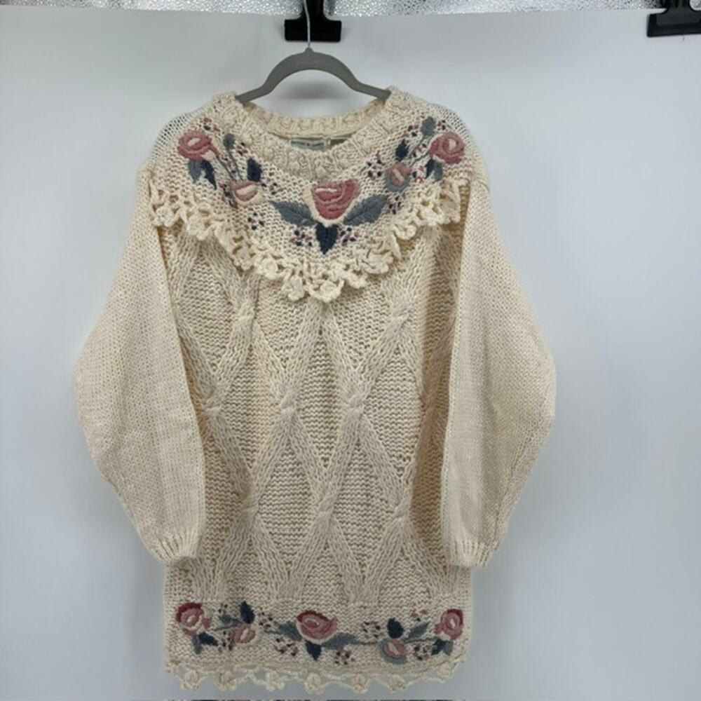 VTG 90s Shenanigans Hand-Knit Crochet Tunic Sweater Womens L Floral Grannycore